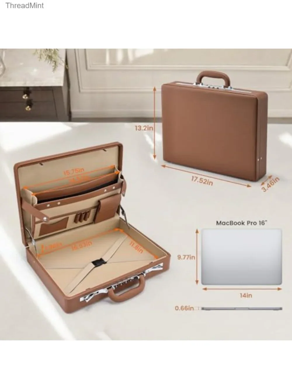 Men's PU Leather Briefcase with Lock Fits 16 Inch Laptop Brown